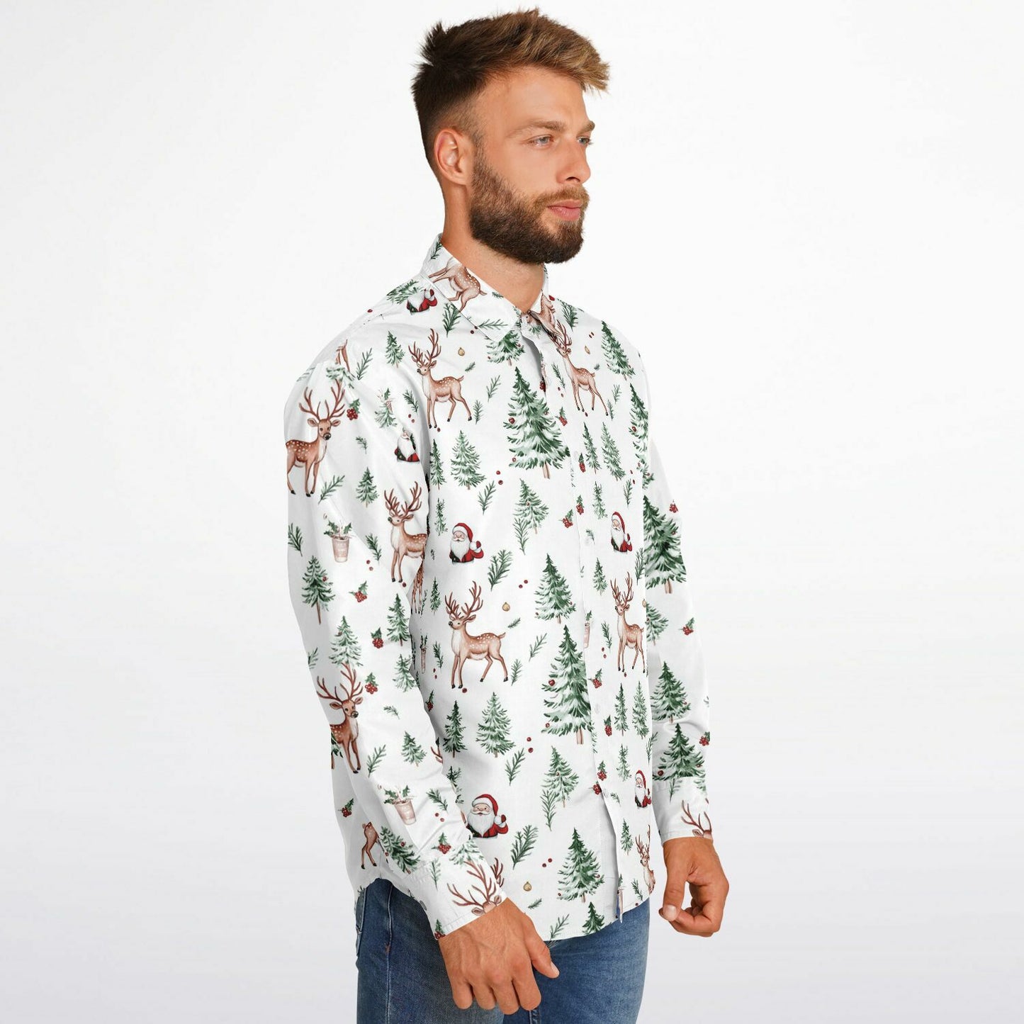 White Christmas Long Sleeve Men Button Up Shirt, Santa Claus Xmas Trees Guys Male Print Buttoned Down Collared Casual Dress Plus Size Shirt