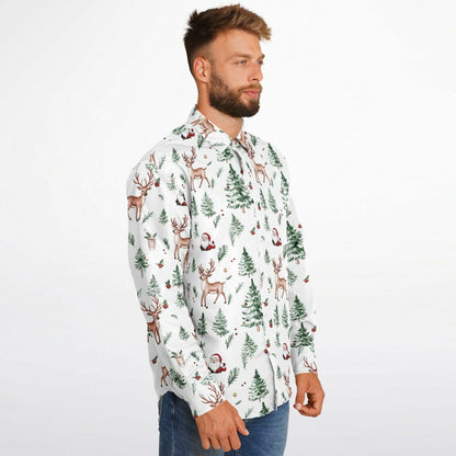 White Christmas Long Sleeve Men Button Up Shirt, Santa Claus Xmas Trees Guys Male Print Buttoned Down Collared Casual Dress Plus Size Shirt