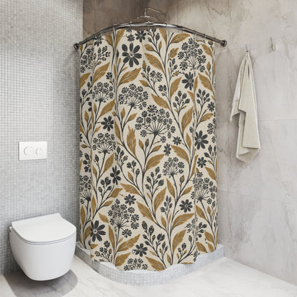 Rustic Boho Floral Shower Curtain, Cream Gold Black Botanical Wildflower Nature Bathroom Decor Waterproof Fabric Housewarming Gift 71" x 74"