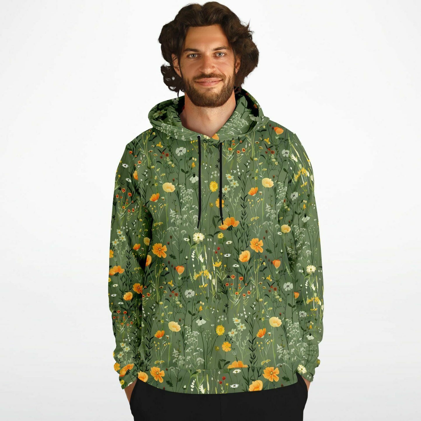 Wildflowers Green Hoodie, Olive Floral Flowers Pullover Men Women Adult Aesthetic Graphic Cotton Hooded Sweatshirt with Pockets