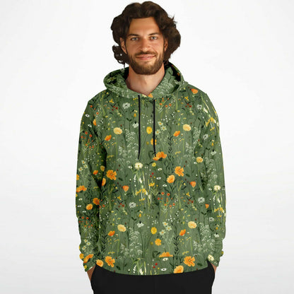 Wildflowers Green Hoodie, Olive Floral Flowers Pullover Men Women Adult Aesthetic Graphic Cotton Hooded Sweatshirt with Pockets