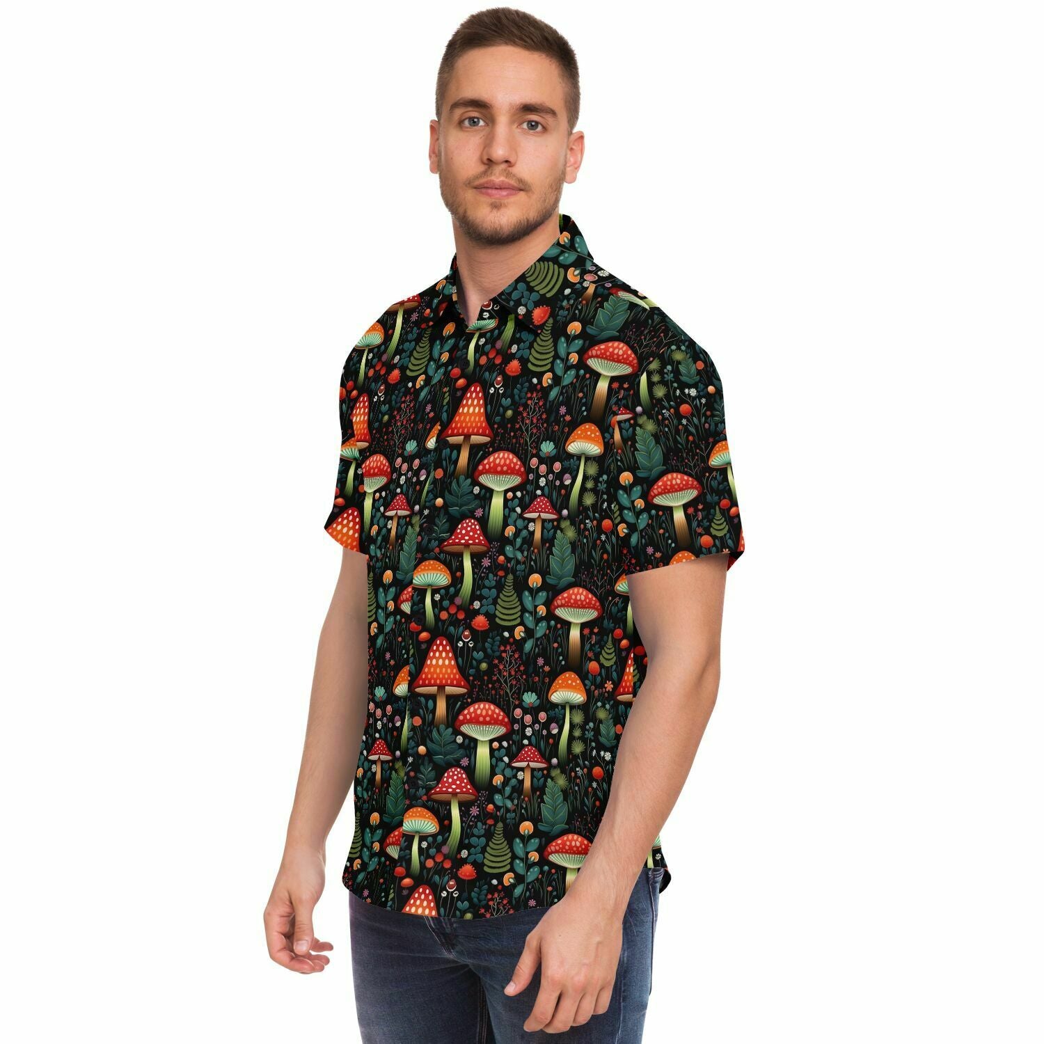 Red Mushroom Short Sleeve Men Button Up Shirt, Cottagecore Fungi Forest Print Casual Buttoned Down Summer Collared Dress Shirt Starcove Fashion