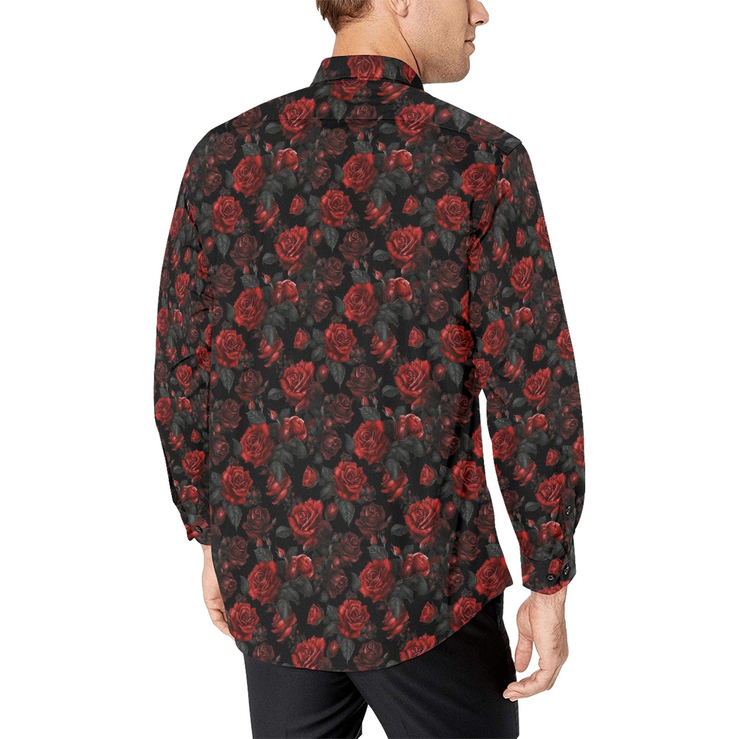 Red Rose Long Sleeve Men Button Up Shirt, Flowers Print Casual Buttoned Collared Designer Dress Shirt with Chest Pocket Guys Male
