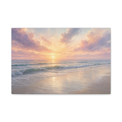 Sunset Beach Canvas Gallery Wrap, Coastal Serene Ocean Watercolor Wall Art Print Decor Small Large Hanging Modern Landscape Living Room