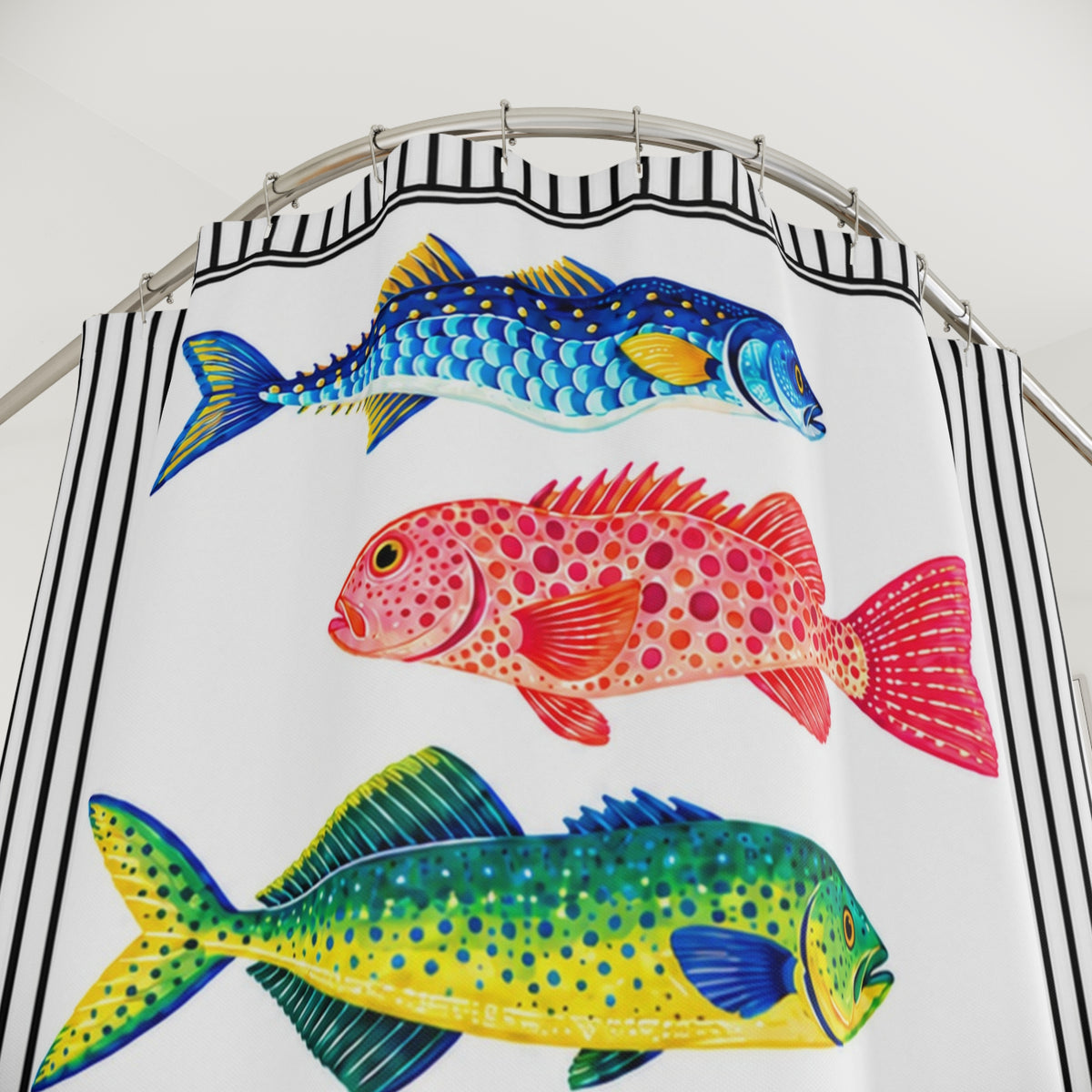 Coastal Fish Shower Curtain, Colorful Marine Life Black White Stripes Nautical Bathroom Decor Beach House Ocean Housewarming Gift 71" x 74"