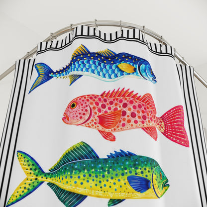 Coastal Fish Shower Curtain, Colorful Marine Life Black White Stripes Nautical Bathroom Decor Beach House Ocean Housewarming Gift 71" x 74"