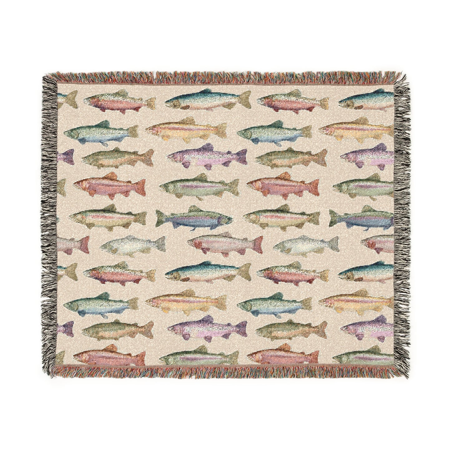 Rainbow Trout Woven Throw Blanket Tapestry, Fishing Lake House Camping Cotton Fringe Warm Adult Kids Small Large Sofa Bed 50x60 Decorative