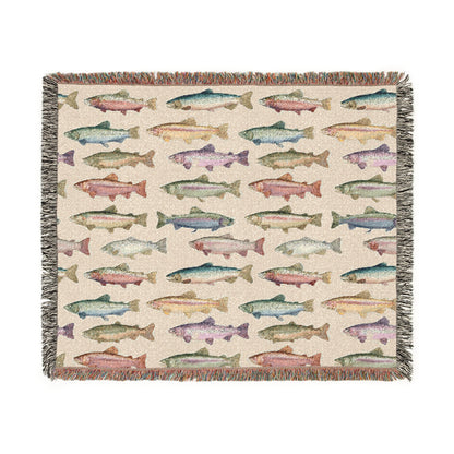 Rainbow Trout Woven Throw Blanket Tapestry, Fishing Lake House Camping Cotton Fringe Warm Adult Kids Small Large Sofa Bed 50x60 Decorative