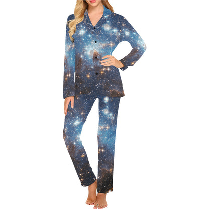 Galaxy Space Women Pajama Set, Blue Ladies Female 2 Piece Pants Print Top PJs Holiday Long Sleeve Sleep Sleepwear Cute Adults Nightwear