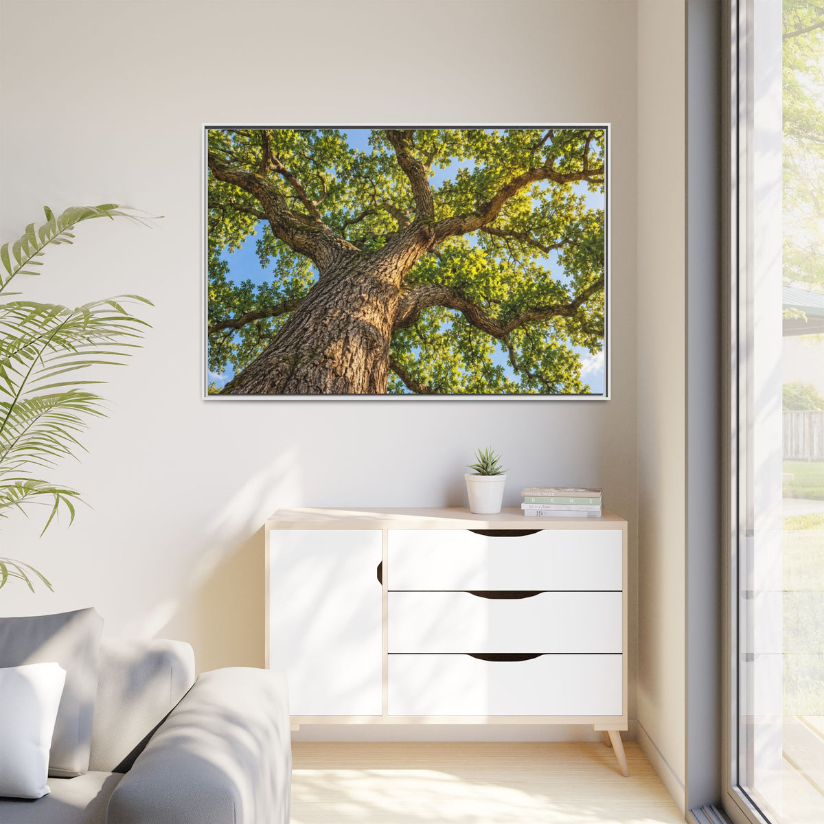 Oak Tree Canopy Canvas Wood Framed, Green Foliage Sunlit Woodland Wall Art Print Artwork Decor Small Large Hanging Matte Modern Landscape