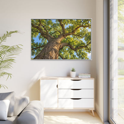 Oak Tree Canopy Canvas Wood Framed, Green Foliage Sunlit Woodland Wall Art Print Artwork Decor Small Large Hanging Matte Modern Landscape