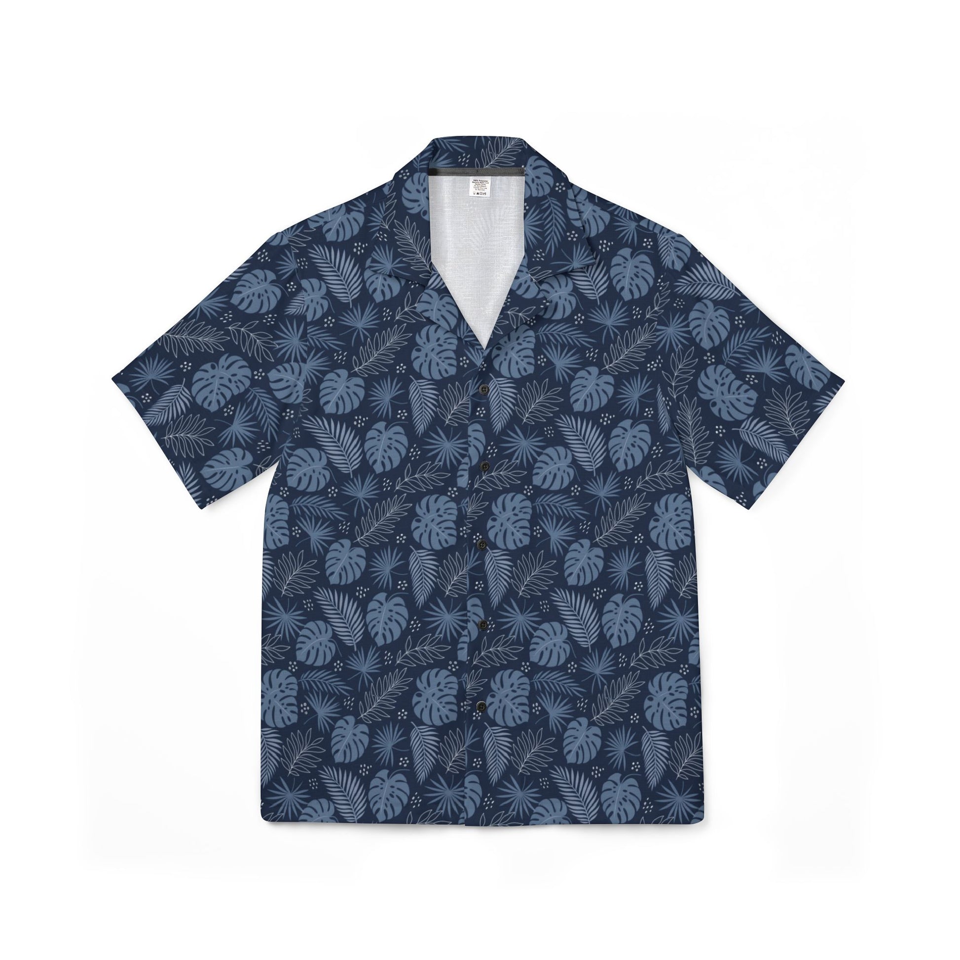 Navy Blue Men Luxury Hawaiian Camp Shirt, Palm Tree Leaf Print Linen Look Summer Hawaii Aloha Tropical Beach Button Up Resort Shirt - Starcove Fashion