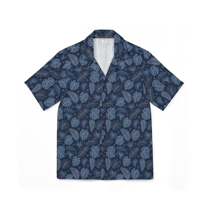 Navy Blue Men Luxury Hawaiian Camp Shirt, Palm Tree Leaf Print Linen Look Summer Hawaii Aloha Tropical Beach Button Up Resort Shirt - Starcove Fashion