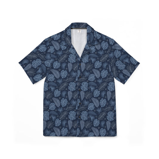 Navy Blue Men Luxury Hawaiian Camp Shirt, Palm Tree Leaf Print Linen Look Summer Hawaii Aloha Tropical Beach Button Up Resort Shirt - Starcove Fashion