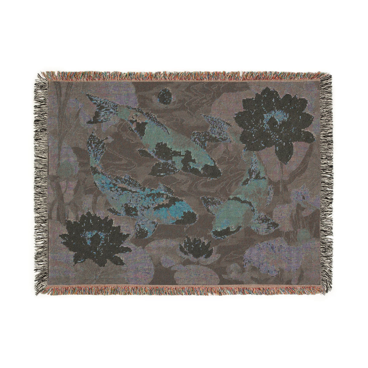 Koi Fish Woven Throw Blanket Tapestry, Japanese Lilly Pond Zen Cotton Fringe Cozy Warm Adult Kids Small Large Sofa Bed 50x60 Decorative