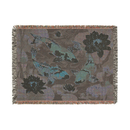 Koi Fish Woven Throw Blanket Tapestry, Japanese Lilly Pond Zen Cotton Fringe Cozy Warm Adult Kids Small Large Sofa Bed 50x60 Decorative