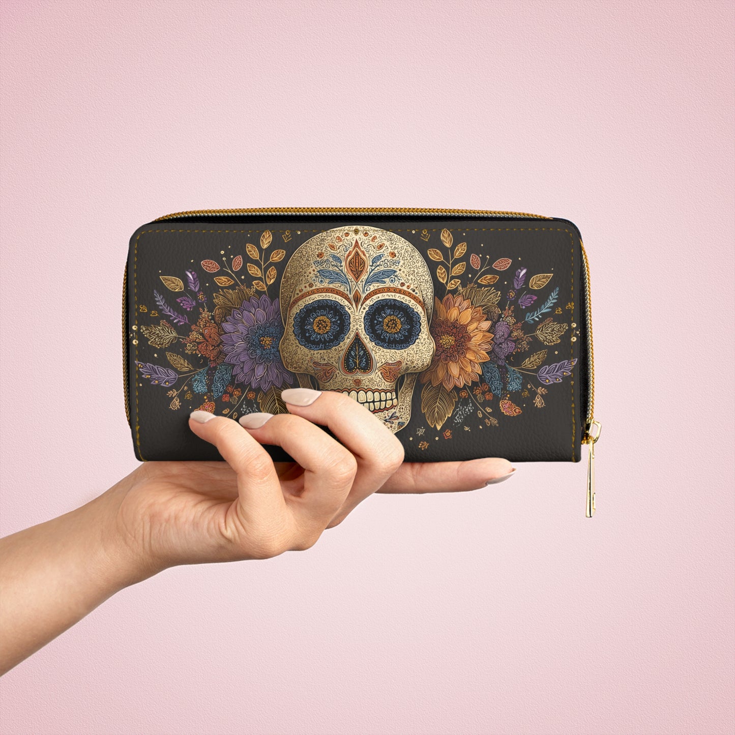 Sugar Skull Leather Wallet Women, Day of the Dead Flowers Vegan Zipper Zip Around Coins Credit Cards Pocket Cash Ladies Pouch Clutch Purse