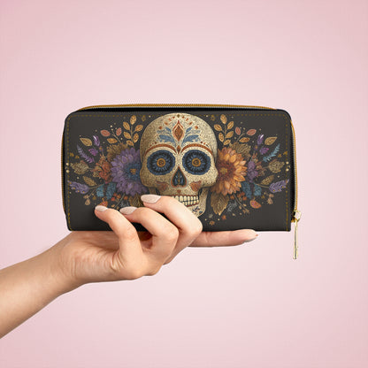 Sugar Skull Leather Wallet Women, Day of the Dead Flowers Vegan Zipper Zip Around Coins Credit Cards Pocket Cash Ladies Pouch Clutch Purse