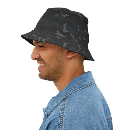 Black Camo Bucket Cap Hat, Grey Camouflage Print Beach Women Men Golf Summer Festival Cute Designer Sun Shade Ladies Small Large Guys