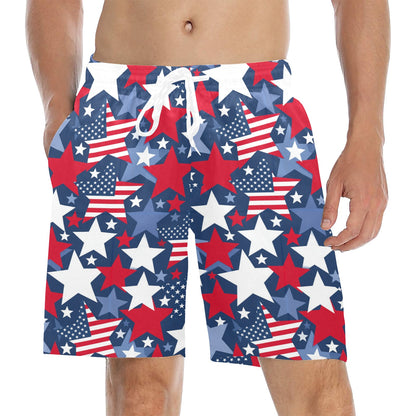 American Flag Stars Men Swim Trunks, Red White Blue Shorts USA Beach Pockets Mesh Lining Drawstring 4th of July Patriotic Bathing Plus Size - Starcove Fashion