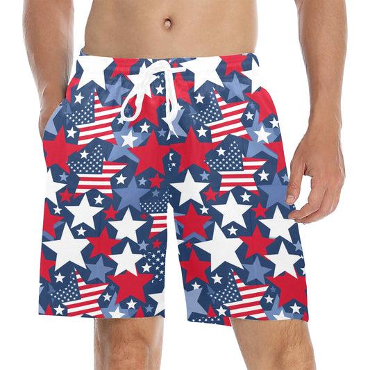 American Flag Stars Men Swim Trunks, Red White Blue Shorts USA Beach Pockets Mesh Lining Drawstring 4th of July Patriotic Bathing Plus Size