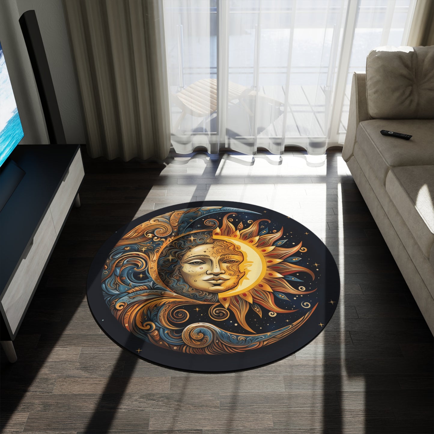 Sun Moon Face Round Area Rug Carpet, Celestial Witchy Circle Home Floor Decor Chic Designer Kids Nursery Accent Decorative Bedroom Mat