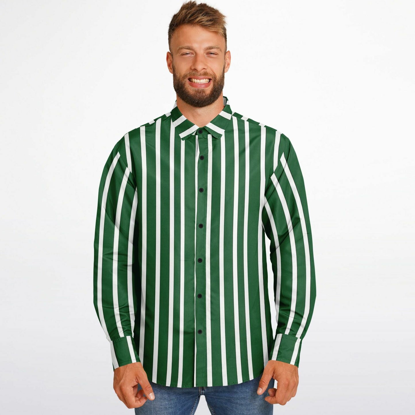 Green White Striped Long Sleeve Men Button Up Shirt, Vertical Stripes Guys Male Print Buttoned Down Collared Graphic Casual Dress Plus Size