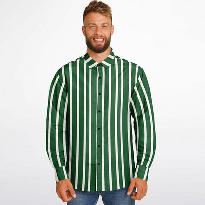 Green White Striped Long Sleeve Men Button Up Shirt, Vertical Stripes Guys Male Print Buttoned Down Collared Graphic Casual Dress Plus Size