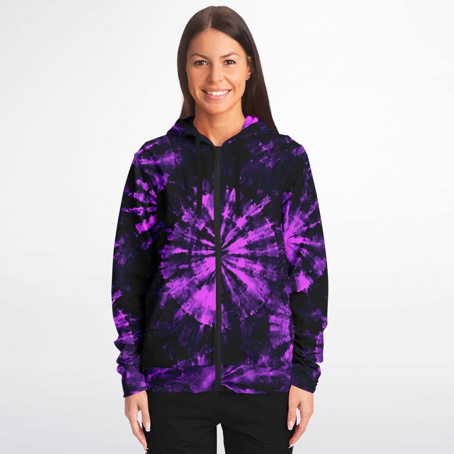 Black Purple Tie Dye Zip Up Hoodie, Full Zipper Pocket Men Women Unisex Adult Aesthetic Graphic Cotton Fleece Hooded Sweatshirt