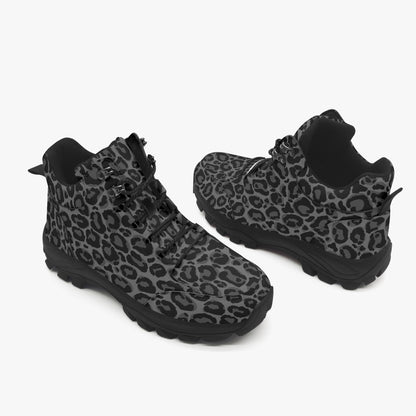 Black Leopard Hiking Leather Boots, Grey Animal Cheetah Print Men Women Lace Up Walking Hunting Rubber Shoes Print Ankle Winter Casual Work Starcove Fashion