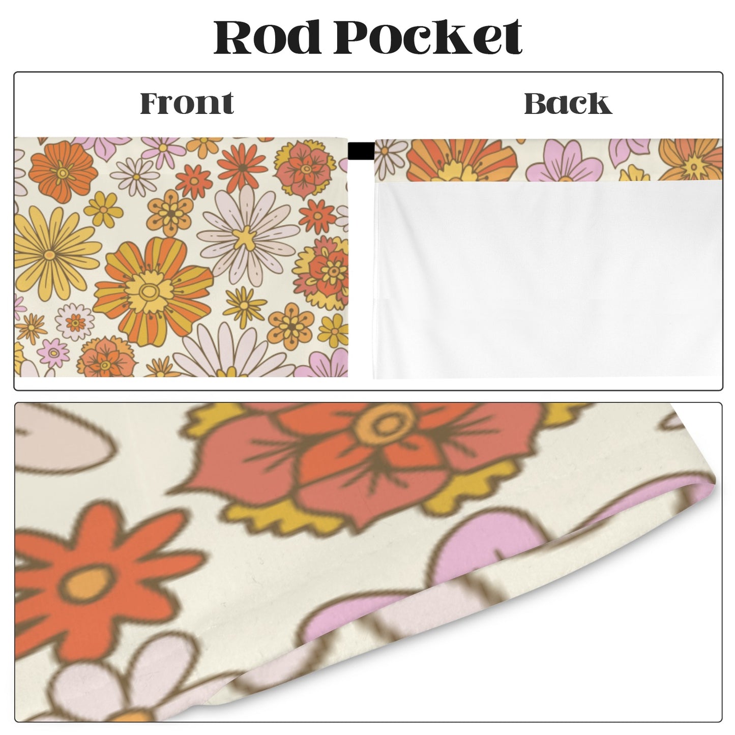 Pink Floral Window Curtain, Groovy Flowers Retro Kitchen Living Room Bedroom Bathroom Fabric Rod Pocket Decor Housewarming Home 63 Inch