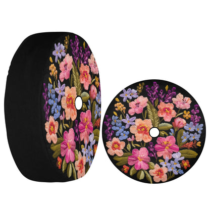 Pink Blue Flowers Spare Tire Cover, Purple Coral Floral Faux Embroidery Printed Floral Wheel Unique Backup Camera Hole Trailer Back Women RV