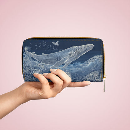 Blue Whale Leather Wallet Women, Ocean Japanese Waves Sea Vegan Zipper Zip Around Coins Credit Cards Pocket Cash Ladies Pouch Clutch Purse