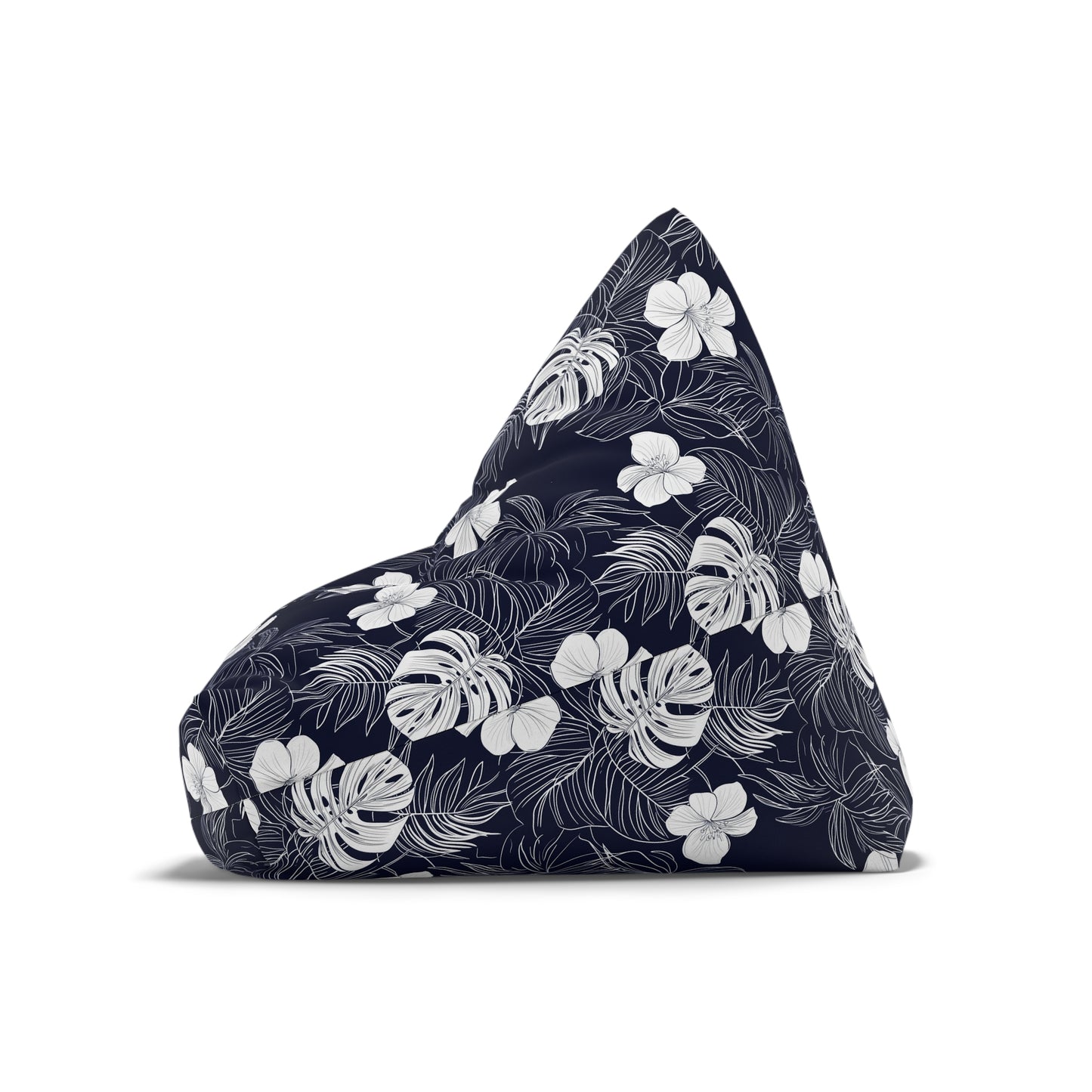 Navy Blue Tropical Bean Bag Chair Cover, Hibiscus Floral White Washable Triangle Small Large Adult Children Kids Sofa Dorm Unfilled Sack