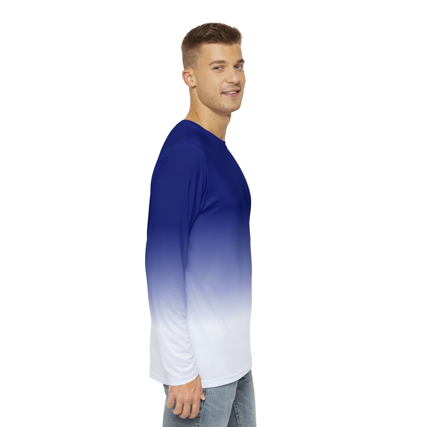 Blue White Ombre Men Long Sleeve Tshirt, Tie Dye Gradient Unisex Women Designer Graphic Aesthetic Crew Neck Tee Shirt Gift