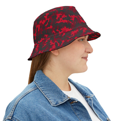Red Camo Bucket Cap Hat, Black Camouflage Beach Women Men Kids Golf Summer Festival Cute Designer Sun Shade Ladies Small Large Guys