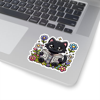 Black Cat Reading Sticker Decal, Kitten Flowers Book Floral Art Vinyl Laptop Cute Waterbottle Tumbler Car Waterproof Bumper Clear Aesthetic