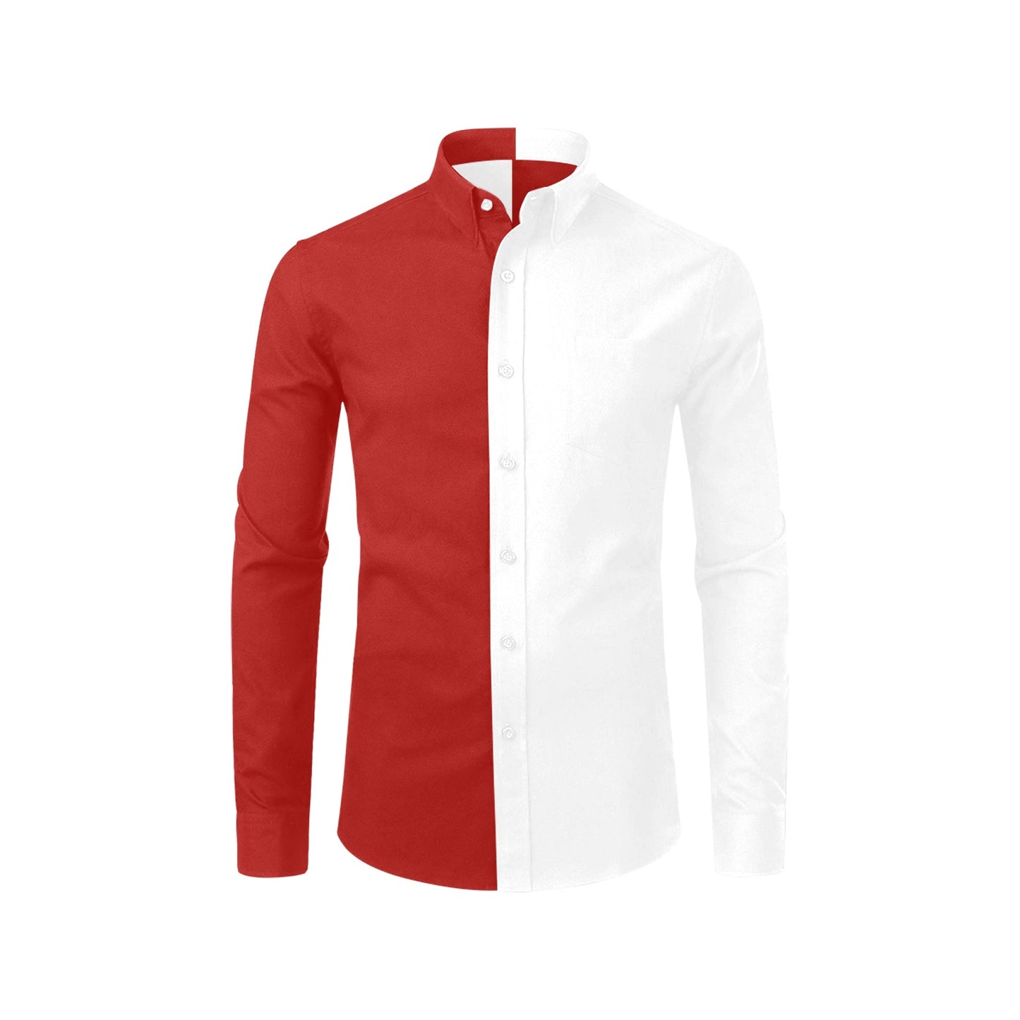 Half Red Half White Men Button Up Shirt, Long Sleeve Color Block Split Two Tone Combo Print Buttoned Collared Guys Casual Dress Chest Pocket