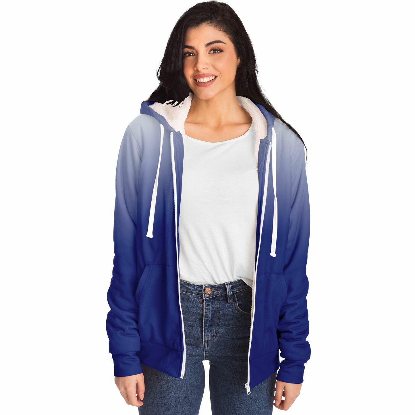 Blue White Ombre Zip Up Fleece Lined Hoodie, Tie Dye Gradient Heavyweight Full Zipper Pocket Men Women Unisex Hooded Sweatshirt Jacket