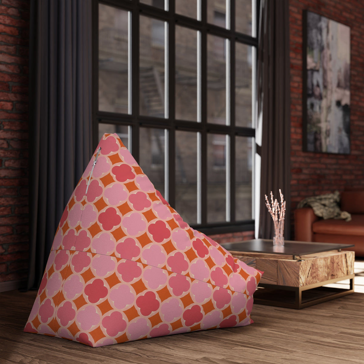 Pink Geometric Bean Bag Chair Cover, Petal Pastel Washable Triangle Furniture Small Large Adult Children Kids Playroom Apartment Dorm Decor