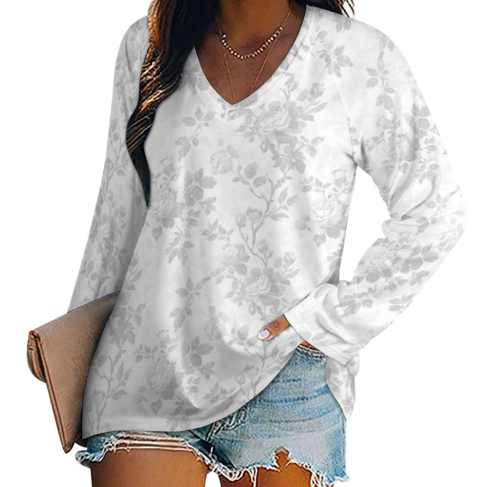 White Floral Women Long Sleeve Tshirt loose fit, Flowers Relaxed V-neck Designer Graphic Aesthetic Ladies Female Tee Top Shirt Streetwear - Starcove Fashion