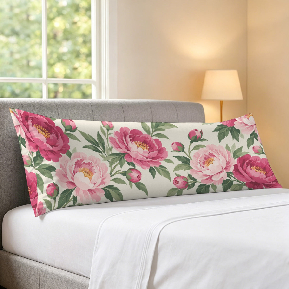 Pink Peony Floral Body Pillow Case,  Flowers Boho Blush Botanical Green Red Long Large Bed Accent Pillowcase Print Throw Decorative Cover