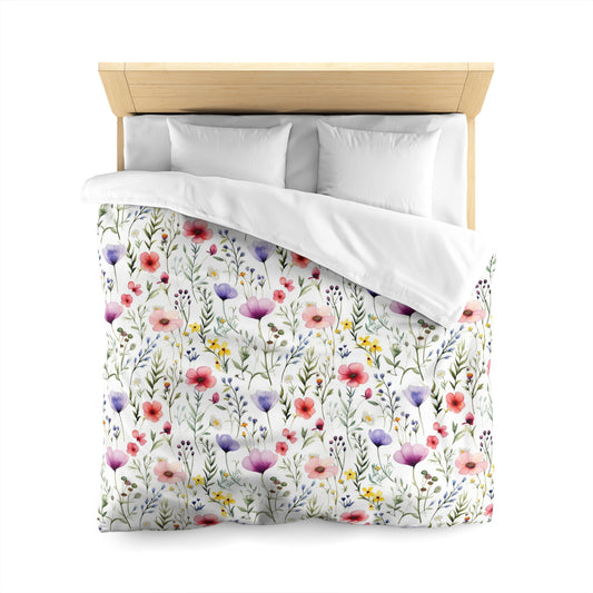 Wildflowers Duvet Cover, Floral Watercolor Bedding Queen King Full Twin XL Microfiber Unique Designer Bed Quilt Bedroom Decor