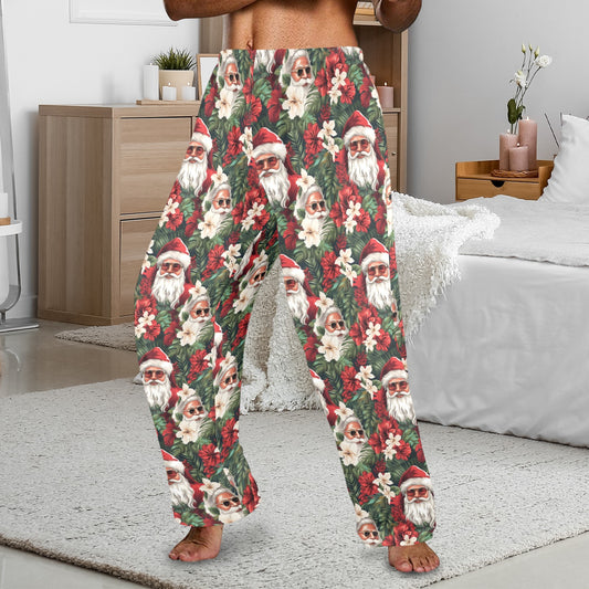Santa Claus Men Pajamas Pants, Christmas Xmas Green Vintage Retro PJ Pockets Sleep Lounge Trousers Guys Male Plus Size Sleepwear Bottoms