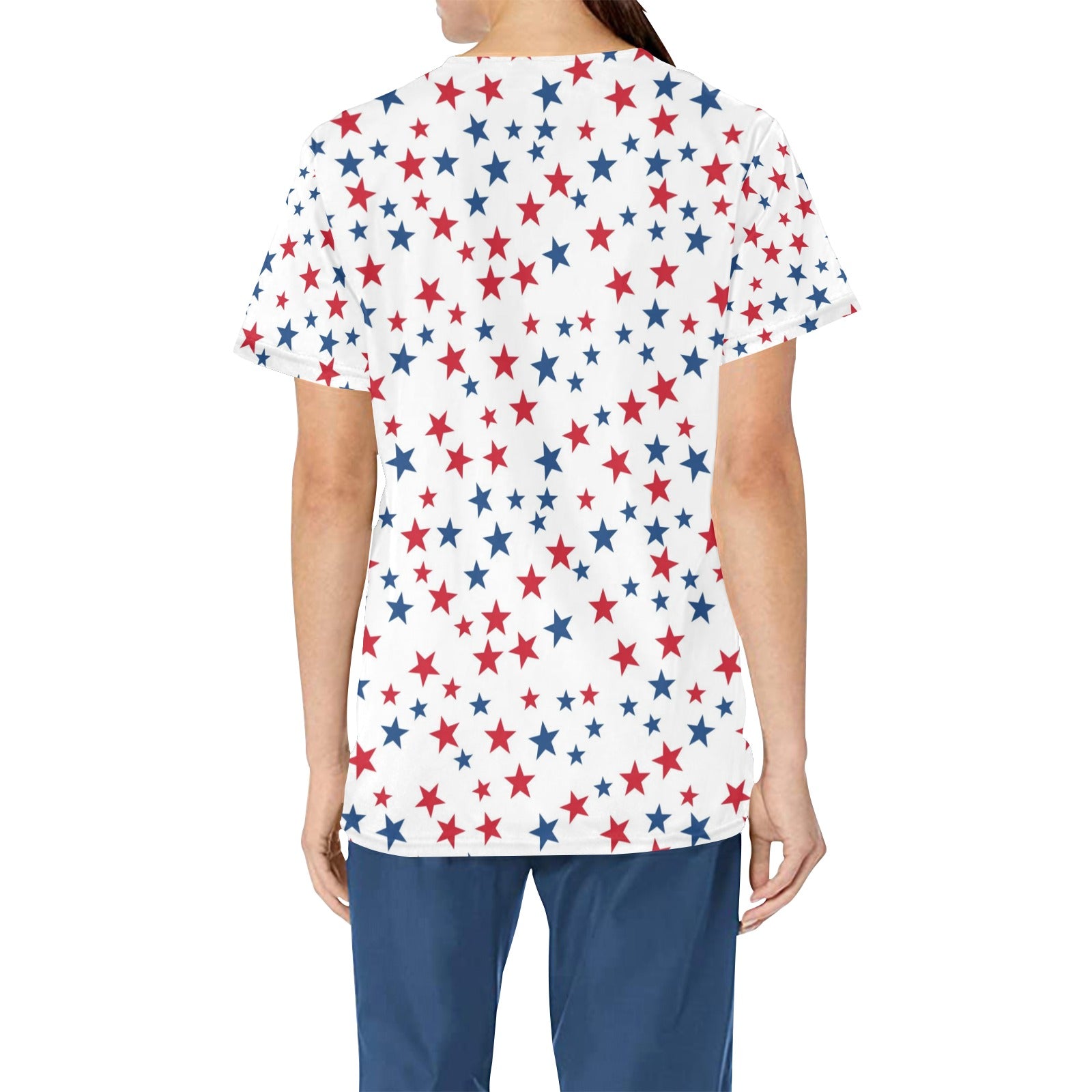 Red White Blue Stars Medical Scrubs Top Women, American USA Patriotic Ladies Female Plus Size Nursing Nurse Vet Veterinary Assistant Pockets - Starcove Fashion