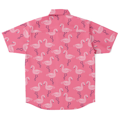 Pink Flamingo Men Button Up Shirt, Tropical Short Sleeve Print Casual Buttoned Down Summer Guys Collared Dress Shirt