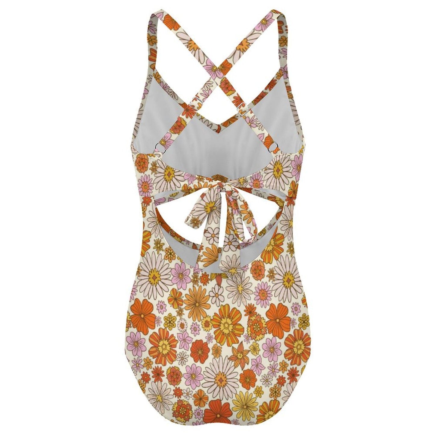 Retro Floral One Piece Swimsuit Women, Flowers 70s Retro Vintage Party Cut Out Tummy Control Designer Swim 1 Swimming Bathing Suits Ladies
