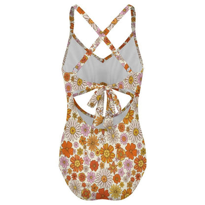 Retro Floral One Piece Swimsuit Women, Flowers 70s Retro Vintage Party Cut Out Tummy Control Designer Swim 1 Swimming Bathing Suits Ladies