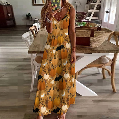 Pumpkins Half Moon Maxi Dress, Orange Witch Fall Halloween Bats Long Spaghetti Straps Flowy Women Sleeveless Designer Plus Size Cocktail