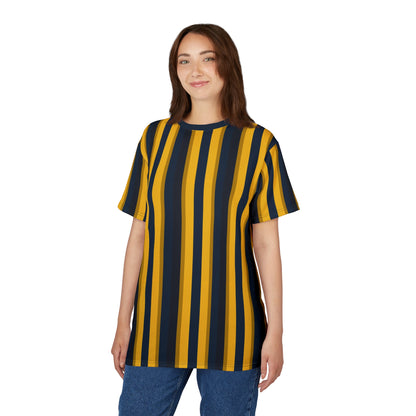 Yellow Blue Striped Tshirt, Vertical Black Stripe Designer Aesthetic Lightweight Heavyweight Crewneck Men Women Tee Top Short Sleeve Shirt
